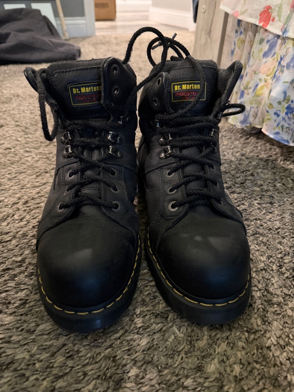 Dr. Martens Black Leather Work-Style Lace-Up Boots with Yellow Stitching